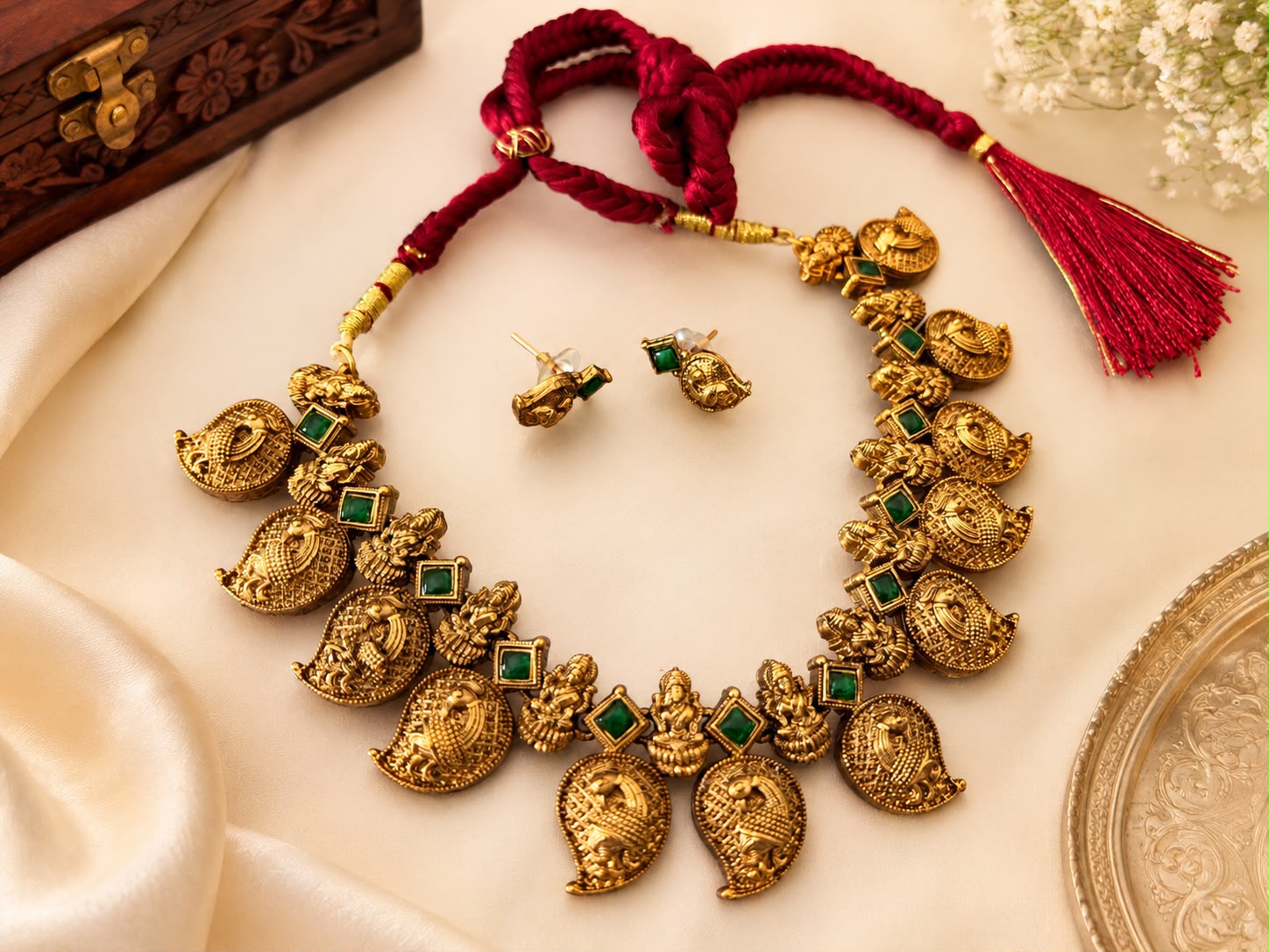 Golden Devi Peacock Green Necklace Set